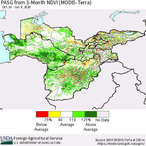 Central Asia PASG from 3-Month NDVI (Terra-MODIS) Thematic Map For 1/1/2020 - 1/10/2020
