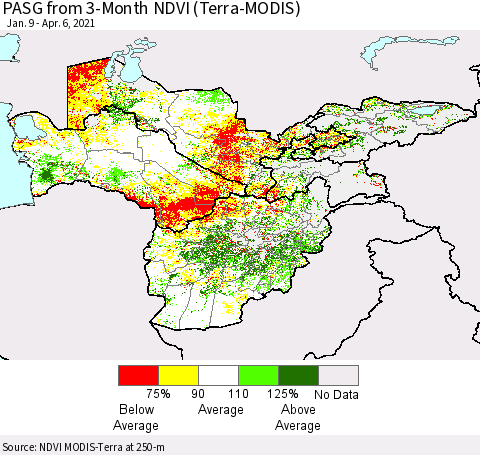 Central Asia PASG from 3-Month NDVI (Terra-MODIS) Thematic Map For 3/30/2021 - 4/6/2021