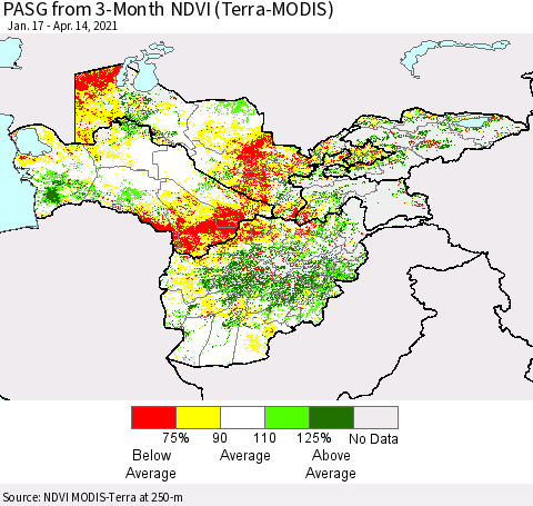 Central Asia PASG from 3-Month NDVI (Terra-MODIS) Thematic Map For 4/7/2021 - 4/14/2021