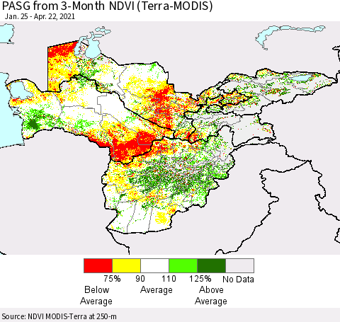 Central Asia PASG from 3-Month NDVI (Terra-MODIS) Thematic Map For 4/15/2021 - 4/22/2021