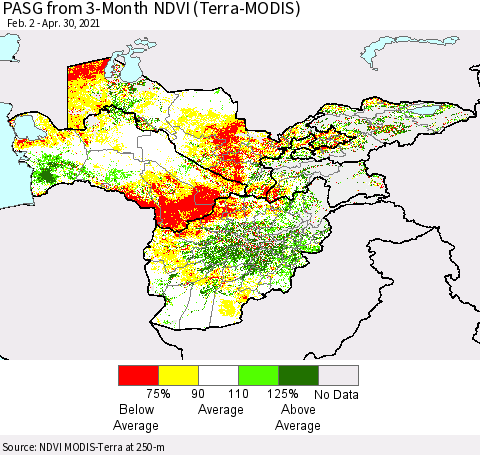 Central Asia PASG from 3-Month NDVI (Terra-MODIS) Thematic Map For 4/23/2021 - 4/30/2021