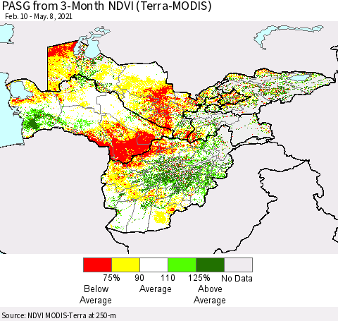 Central Asia PASG from 3-Month NDVI (Terra-MODIS) Thematic Map For 5/1/2021 - 5/8/2021