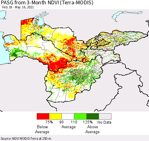 Central Asia PASG from 3-Month NDVI (Terra-MODIS) Thematic Map For 5/9/2021 - 5/16/2021