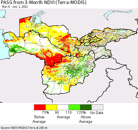 Central Asia PASG from 3-Month NDVI (Terra-MODIS) Thematic Map For 5/25/2021 - 6/1/2021