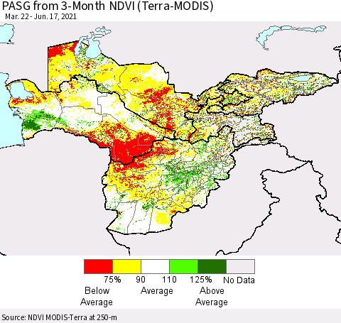 Central Asia PASG from 3-Month NDVI (Terra-MODIS) Thematic Map For 6/10/2021 - 6/17/2021