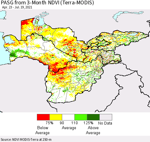 Central Asia PASG from 3-Month NDVI (Terra-MODIS) Thematic Map For 7/12/2021 - 7/19/2021