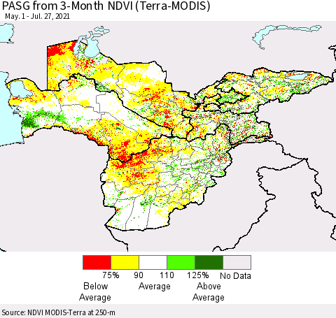 Central Asia PASG from 3-Month NDVI (Terra-MODIS) Thematic Map For 7/20/2021 - 7/27/2021
