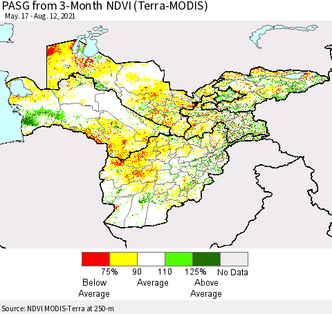 Central Asia PASG from 3-Month NDVI (Terra-MODIS) Thematic Map For 8/5/2021 - 8/12/2021