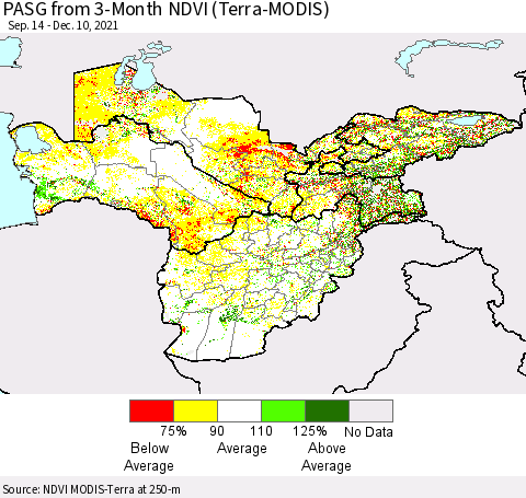 Central Asia PASG from 3-Month NDVI (Terra-MODIS) Thematic Map For 12/3/2021 - 12/10/2021