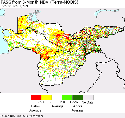Central Asia PASG from 3-Month NDVI (Terra-MODIS) Thematic Map For 12/11/2021 - 12/18/2021