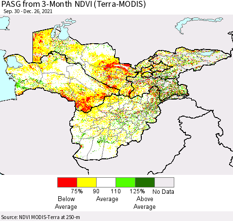 Central Asia PASG from 3-Month NDVI (Terra-MODIS) Thematic Map For 12/19/2021 - 12/26/2021
