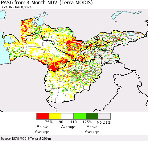 Central Asia PASG from 3-Month NDVI (Terra-MODIS) Thematic Map For 1/1/2022 - 1/8/2022