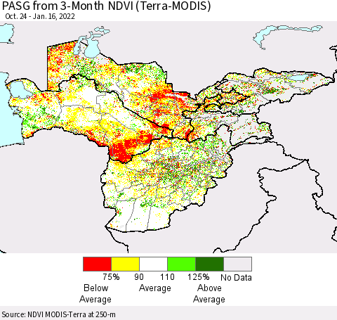 Central Asia PASG from 3-Month NDVI (Terra-MODIS) Thematic Map For 1/9/2022 - 1/16/2022