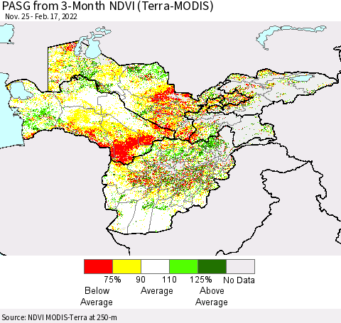 Central Asia PASG from 3-Month NDVI (Terra-MODIS) Thematic Map For 2/10/2022 - 2/17/2022