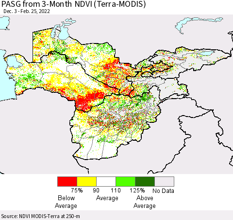 Central Asia PASG from 3-Month NDVI (Terra-MODIS) Thematic Map For 2/18/2022 - 2/25/2022