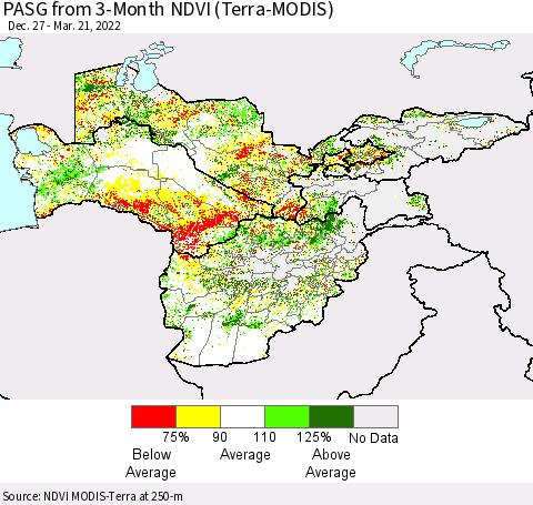 Central Asia PASG from 3-Month NDVI (Terra-MODIS) Thematic Map For 3/14/2022 - 3/21/2022