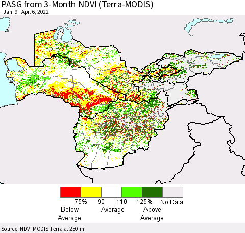 Central Asia PASG from 3-Month NDVI (Terra-MODIS) Thematic Map For 3/30/2022 - 4/6/2022