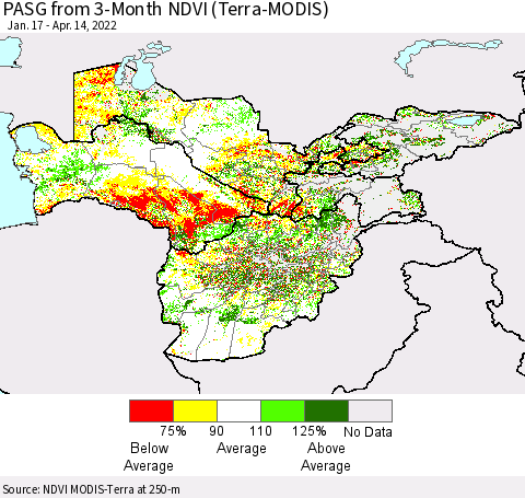Central Asia PASG from 3-Month NDVI (Terra-MODIS) Thematic Map For 4/7/2022 - 4/14/2022