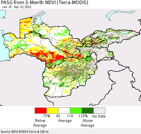 Central Asia PASG from 3-Month NDVI (Terra-MODIS) Thematic Map For 4/15/2022 - 4/22/2022