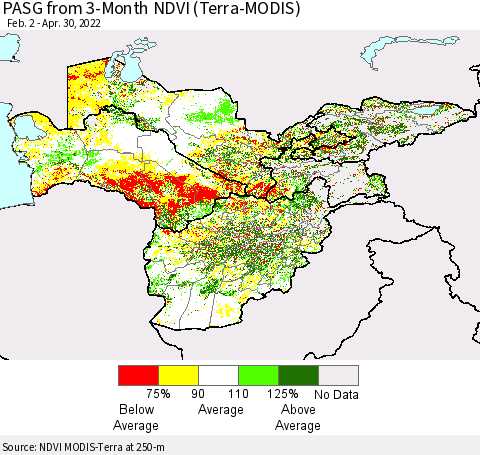 Central Asia PASG from 3-Month NDVI (Terra-MODIS) Thematic Map For 4/23/2022 - 4/30/2022
