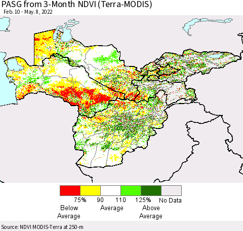 Central Asia PASG from 3-Month NDVI (Terra-MODIS) Thematic Map For 5/1/2022 - 5/8/2022