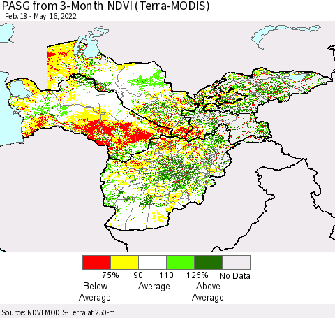 Central Asia PASG from 3-Month NDVI (Terra-MODIS) Thematic Map For 5/9/2022 - 5/16/2022