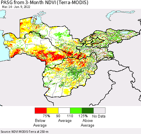 Central Asia PASG from 3-Month NDVI (Terra-MODIS) Thematic Map For 6/2/2022 - 6/9/2022