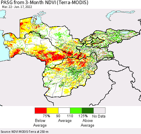 Central Asia PASG from 3-Month NDVI (Terra-MODIS) Thematic Map For 6/10/2022 - 6/17/2022