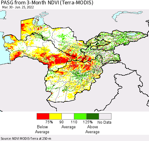 Central Asia PASG from 3-Month NDVI (Terra-MODIS) Thematic Map For 6/18/2022 - 6/25/2022