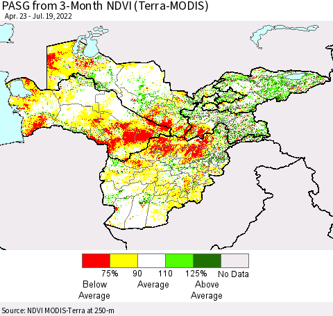 Central Asia PASG from 3-Month NDVI (Terra-MODIS) Thematic Map For 7/12/2022 - 7/19/2022