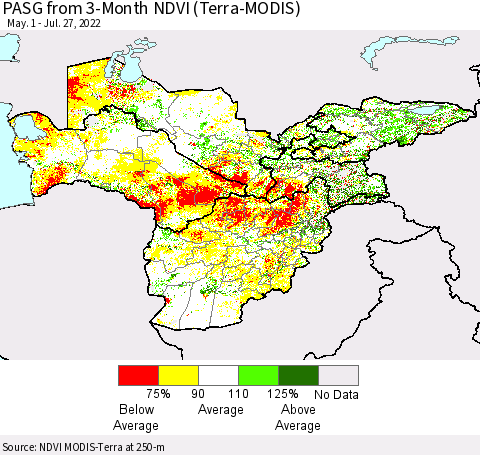 Central Asia PASG from 3-Month NDVI (Terra-MODIS) Thematic Map For 7/20/2022 - 7/27/2022