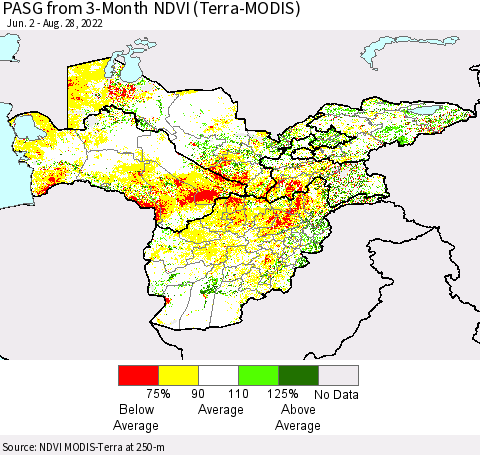 Central Asia PASG from 3-Month NDVI (Terra-MODIS) Thematic Map For 8/21/2022 - 8/28/2022