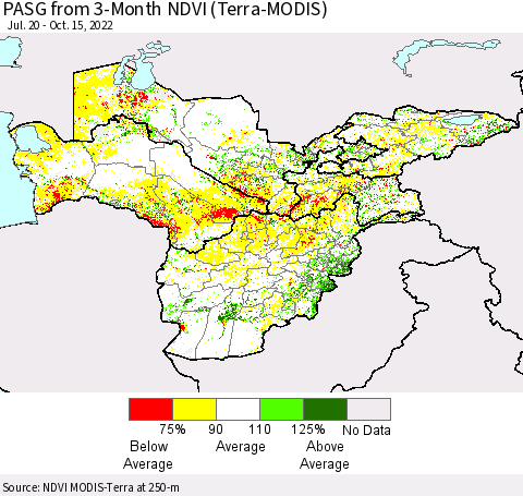 Central Asia PASG from 3-Month NDVI (Terra-MODIS) Thematic Map For 10/8/2022 - 10/15/2022