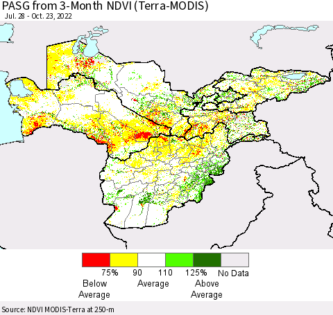 Central Asia PASG from 3-Month NDVI (Terra-MODIS) Thematic Map For 10/16/2022 - 10/23/2022