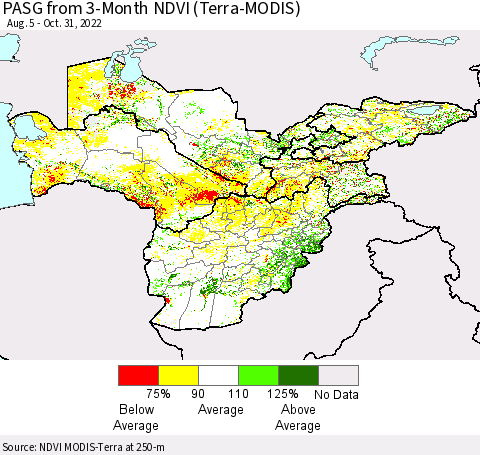 Central Asia PASG from 3-Month NDVI (Terra-MODIS) Thematic Map For 10/24/2022 - 10/31/2022