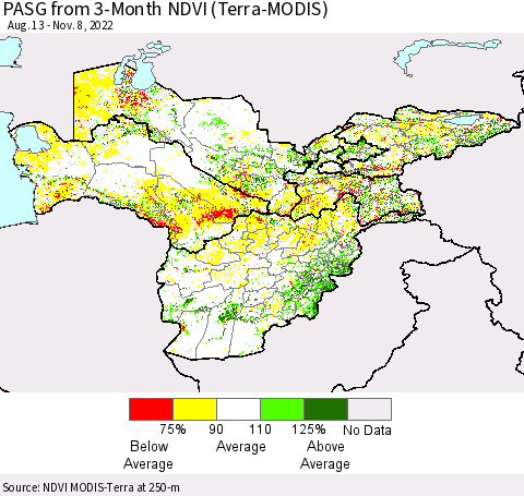 Central Asia PASG from 3-Month NDVI (Terra-MODIS) Thematic Map For 11/1/2022 - 11/8/2022