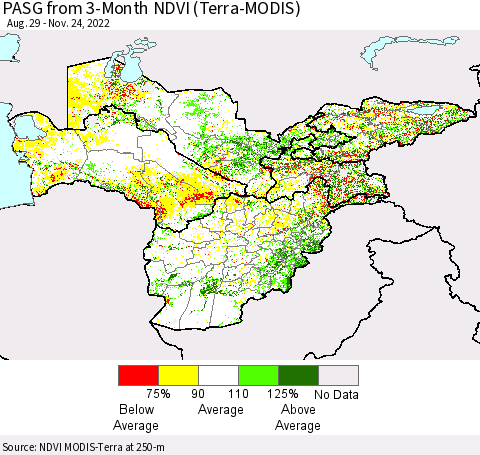 Central Asia PASG from 3-Month NDVI (Terra-MODIS) Thematic Map For 11/17/2022 - 11/24/2022