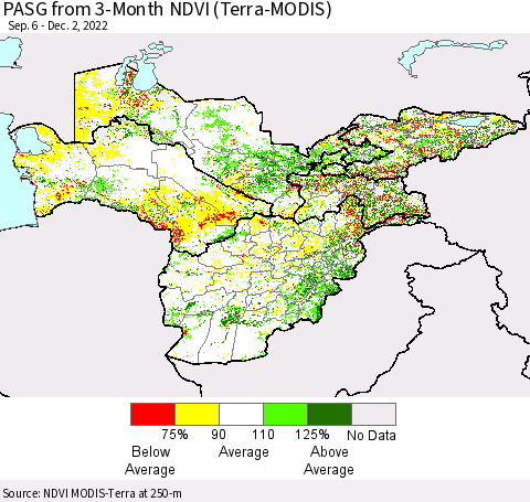 Central Asia PASG from 3-Month NDVI (Terra-MODIS) Thematic Map For 11/25/2022 - 12/2/2022