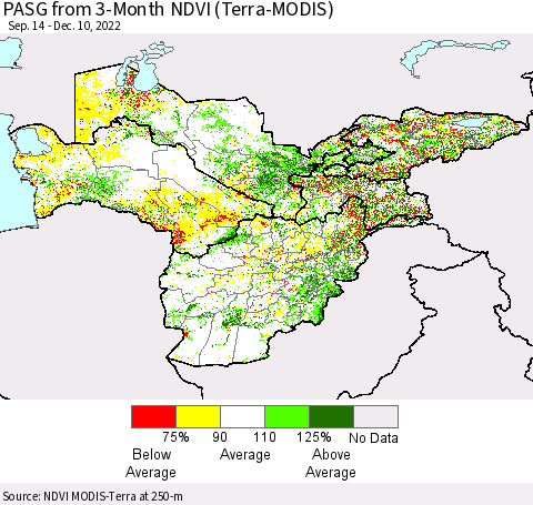 Central Asia PASG from 3-Month NDVI (Terra-MODIS) Thematic Map For 12/3/2022 - 12/10/2022