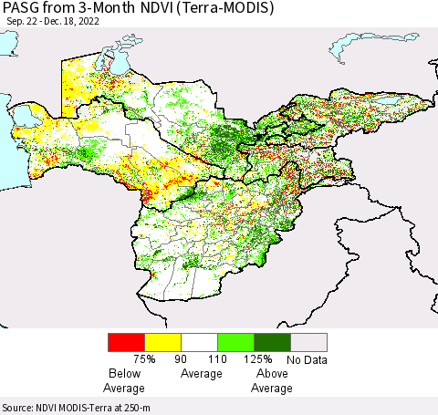 Central Asia PASG from 3-Month NDVI (Terra-MODIS) Thematic Map For 12/11/2022 - 12/18/2022