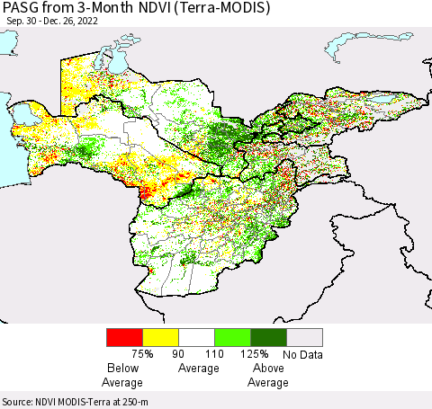 Central Asia PASG from 3-Month NDVI (Terra-MODIS) Thematic Map For 12/19/2022 - 12/26/2022