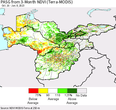 Central Asia PASG from 3-Month NDVI (Terra-MODIS) Thematic Map For 1/1/2023 - 1/8/2023