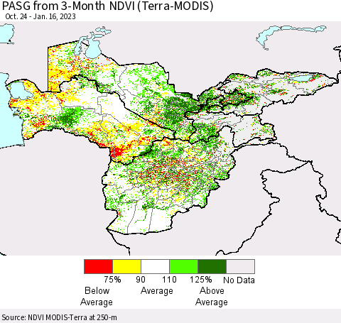 Central Asia PASG from 3-Month NDVI (Terra-MODIS) Thematic Map For 1/9/2023 - 1/16/2023