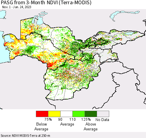 Central Asia PASG from 3-Month NDVI (Terra-MODIS) Thematic Map For 1/17/2023 - 1/24/2023