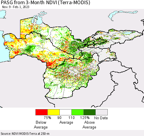 Central Asia PASG from 3-Month NDVI (Terra-MODIS) Thematic Map For 1/25/2023 - 2/1/2023