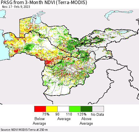 Central Asia PASG from 3-Month NDVI (Terra-MODIS) Thematic Map For 2/2/2023 - 2/9/2023