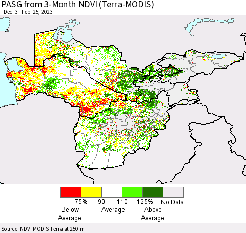 Central Asia PASG from 3-Month NDVI (Terra-MODIS) Thematic Map For 2/18/2023 - 2/25/2023
