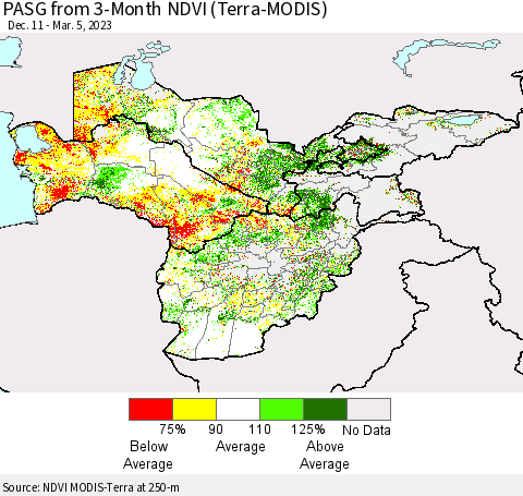 Central Asia PASG from 3-Month NDVI (Terra-MODIS) Thematic Map For 2/26/2023 - 3/5/2023