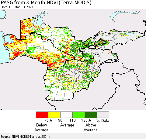 Central Asia PASG from 3-Month NDVI (Terra-MODIS) Thematic Map For 3/6/2023 - 3/13/2023