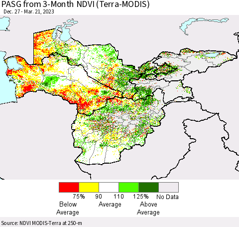 Central Asia PASG from 3-Month NDVI (Terra-MODIS) Thematic Map For 3/14/2023 - 3/21/2023
